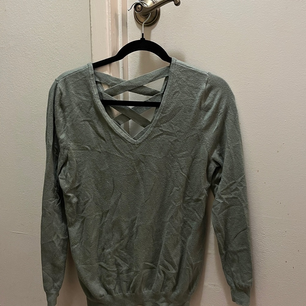 Elegant V-Neck Sweater with Crisscross Back in Sage